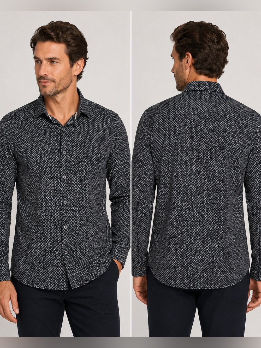 Bugatchi OoohCotton Tech Black Chain Link Print Stretch Button Preppy Mens Shirt
